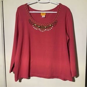 Ruby Rd Raspberry Long Sleeve Top Medallions Beaded Neckline Sz XL